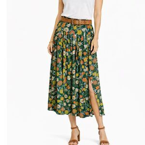 Natural Life Skirt Women Sz M Green Midi Floral Smocked Waist Slit Boho Artsy